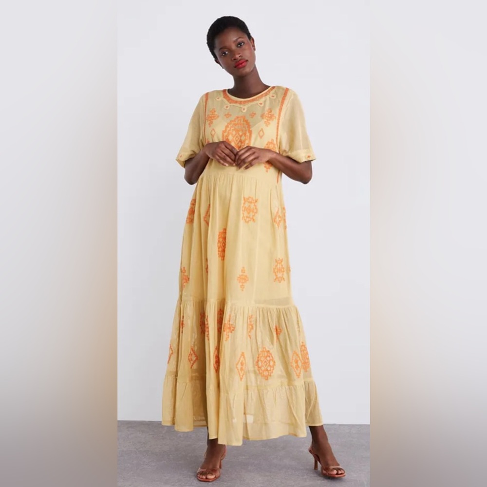 Zara Yellow Maxi Dress with Orange Embroidery